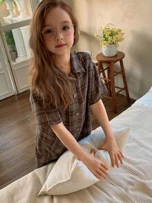 DAZY Tween Girls Plaid Print Short Sleeve Top And Pants Pajama Set - Brown - View 7