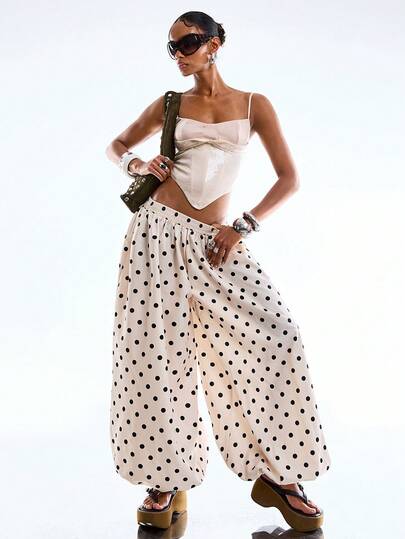 LYSMO 2026 New Arrive Minimalism Spring/Summer Women's Fashion  Butter White Vacation Casual Polka Dot Print Lantern Pants Going Out Top  Summer Outfit For Women Casual Outfit For Women White Pants Balloon Pants  Back To School, Graduation, Streetwear