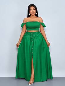 SOLERSUN 大码女士度假浪漫优雅亚麻质感露肩小飞袖短款上衣搭配A字前开衩长裙套装，女士两件套，休闲日常穿着，适合日常穿搭、购物、约会和海岛度假，享受静谧奢华假期 - 綠色 - 查看 6