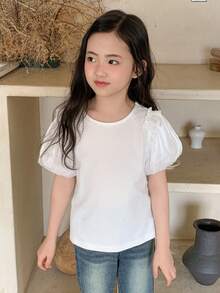 DAZY Girls (Small) Round Neck Ruffle Trim Puff Sleeve T-Shirt - White - View 3