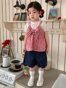 DAZY Baby Girls' Plaid Korean Style Fresh Suspender + Short Sleeve Solid Color Shirt Set Summer - Red - View 5