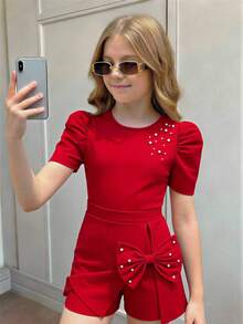 Conjunto de top ajustado con mangas abullonadas y lazo de perlas elegante para niña preadolescente + falda-pantalón de punto de 2 en 1 - Burdeos - Ver 1