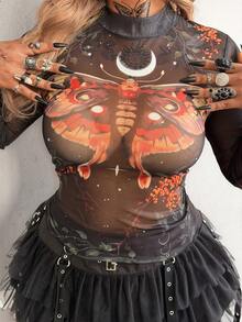 Whyspr Sheer Butterfly Print Long Sleeve Fitted Crop Top, Layering Tee For Women - Multicolor - View 4