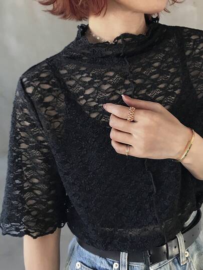 FRIFUL 女士半高领蕾丝薄纱短袖衬衫