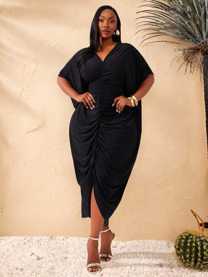 SHEIN SXY Plus Size Women's Spring&Summer,Elegant Sexy Solid Color Indented Pleat Design Fashion Split Front Gather Dress,Suitable For Everyday Wear,Music Festival,Concert,Carnival Party,BOHO,Bohemian,Outing,Beach Vacation,Richly Layered,Holiday,Date Night,Birthday,Party Outfit ,Cocktail Party,Formal Event,Nashville,Break,Rave,Modest,Chic,Club,Cute,Shopping, Street Wear,Going Out,Coquette,Easy To Match&Looks Slim,Accent Your Body,Flatter The Figure