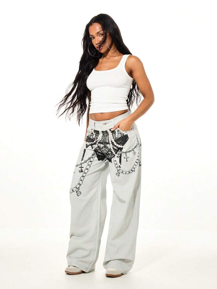 SUMWON WOMEN Wide Leg Jeans With Gothic Chain Print