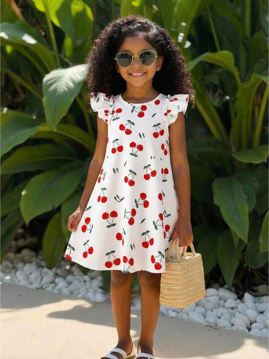 小女孩可爱樱桃印花夏季度假连衣裙 - 彩色 - 查看 1