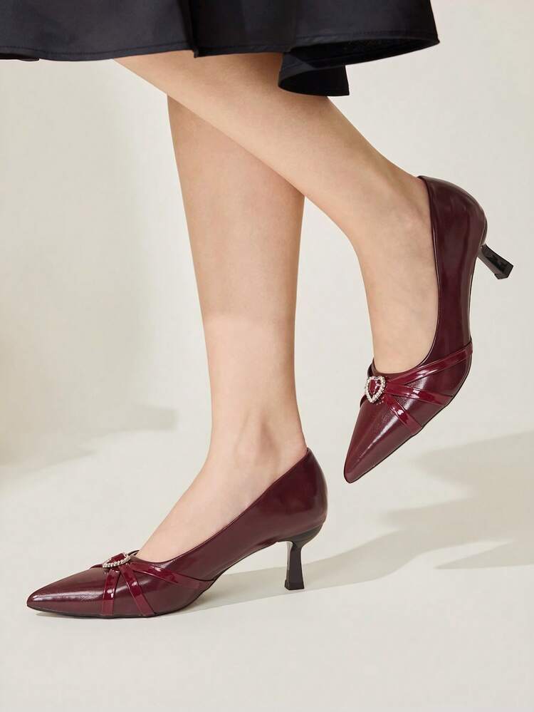 CUCCOO CHICEST Women's Pointed Toe Stiletto High Heels, Romantic Elegant Wine Red With Heart Buckle Dress Shoes, Bridal Shoes, Suitable For Wedding, Valentine's Day, Versatile Wedding Shoes Summer Shoes Bride Shoes