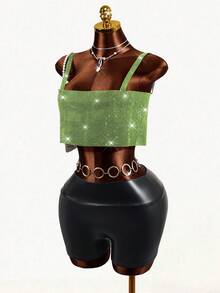 Mistrie Women's Summer Rhinestone Chain Strap Shiny Crop Top, Lime Green, Techno, Night Out Club, Rave, Vacations, Fashion Carnival, Bar Party Club Wear - Green - View 3