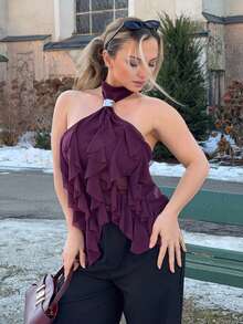 Jeta Ari 女式优雅多层荷叶边立领修身背心 - 中紫紅色 - 查看 5