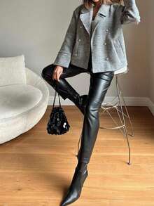 SHEIN Petite Women Drawstring Waist PU Leather Pants - Black - View 7