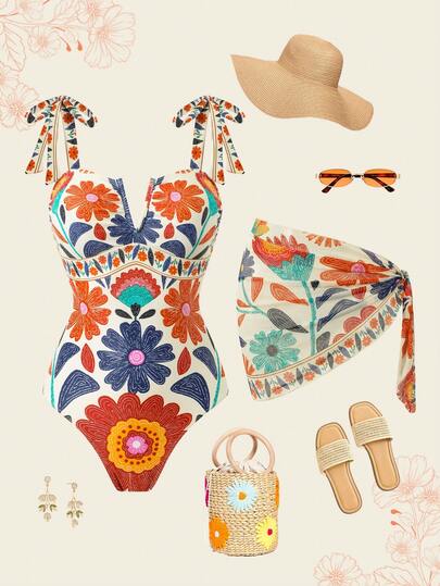 Swim Oasis Women's New V-Neck Printed One-Piece Swimsuit With Ruched Skirt, Slim Fit Two Pieces Set, Spring/Summer