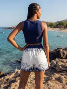 CAJUNI Blue And White Shorts With A Delicate Print, Summer Casual Vacation - Blue and White - View 2
