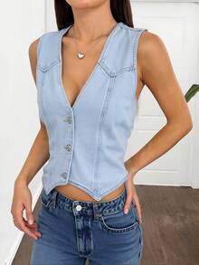 Chaleco Vaquero Sin Mangas para Mujer, Cuello en V y Corte Corto con Botones Frontales - Azul - Ver 3