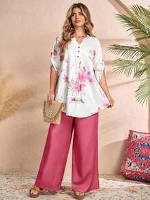 EMERY ROSE 大码印花镂空短袖上衣和纯色长裤休闲两件套 - 玫紅色 - 查看 3