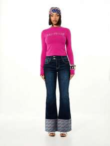 BABYPHAT 女士水钻长袖露脐上衣，饰有水钻标志，亮粉色棉质T恤 - 玫紅色 - 查看 3