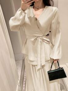 DAZY Spring/Summer Women's Elegant Solid Color V-Neck Belted Shirt And A-Line Skirt Two Pieces Set - Beige - View 4