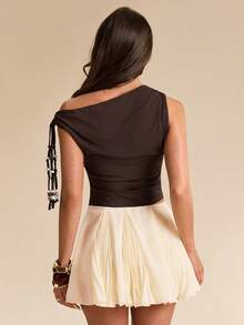 SHEIN BAE Blusa ajustada con bajo asimétrico, flecos con cuentas y estilo vacacional - Marrón - Ver 2