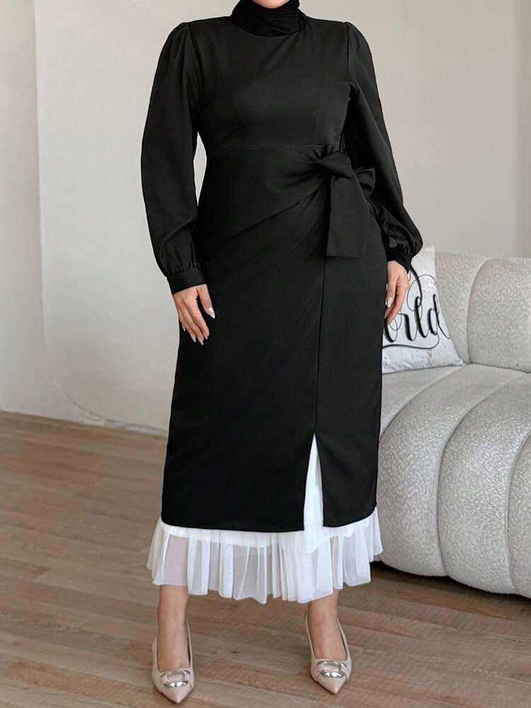 Dazy Plus Plus Size Women Elegant Puff Sleeve Tie Waist Midi Dress, Solid Color, Casual/Work Wear, Spring/Autumn Sundress