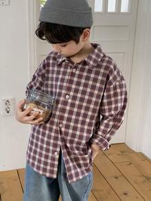 DAZY Young Boy Plaid Print Button-Front Long Sleeve Shirt - Burgundy - View 2