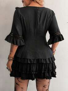 Flirla Camicia elegante casual da donna taglie forti, di colore unito, con inserti in pizzo floreale traforato, vita segnata - nero - Visualizzare 2