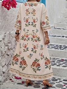 Ceyna 大码女式法式休闲优雅印花V领七分袖连衣裙 - 杏色 - 查看 2