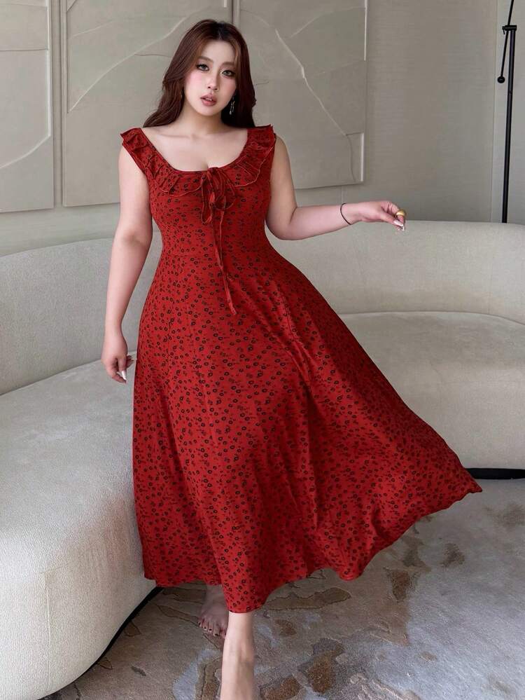 Dazy Plus Plus Size Red Ditsy Floral Long Nightgown With Frill Trim, Tight Fit Homewear For New Year Summer