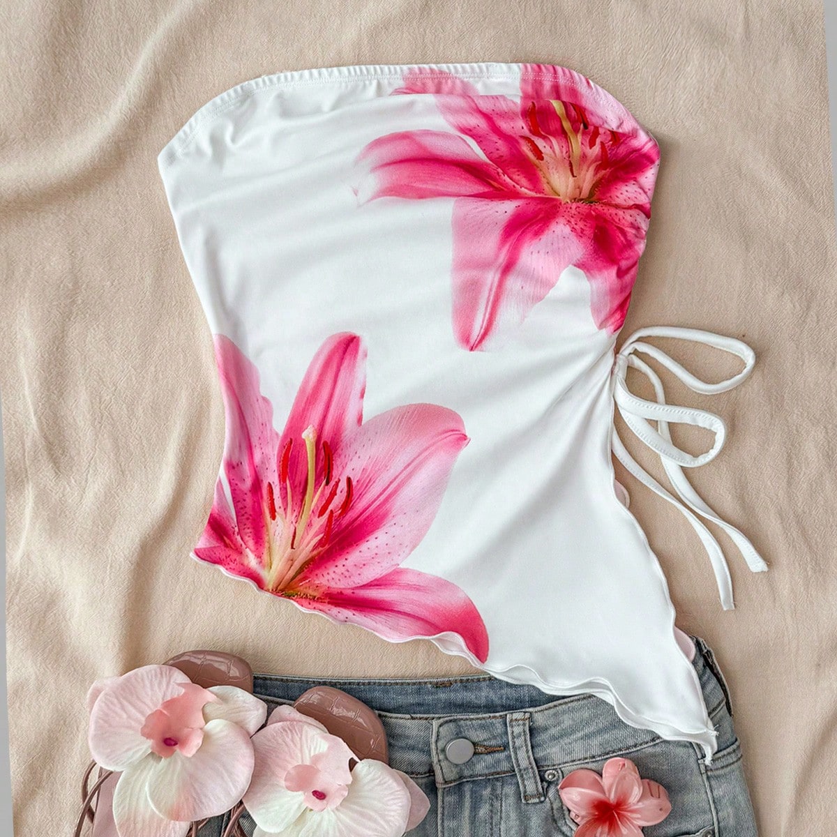 Parte superior de tubo con estampado floral de punto blanco y bajo asimétrico con cordón para niñas preadolescentes, primavera/verano