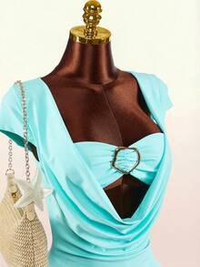 Amplova Women's Turquoise Blue Short Sleeve Jumpsuit,Seksi Chic Minimalist Y2k Summer Vacation Holiday Outfits,Solid Color Beach Wedding Party Spring Clothes - Blue - View 6