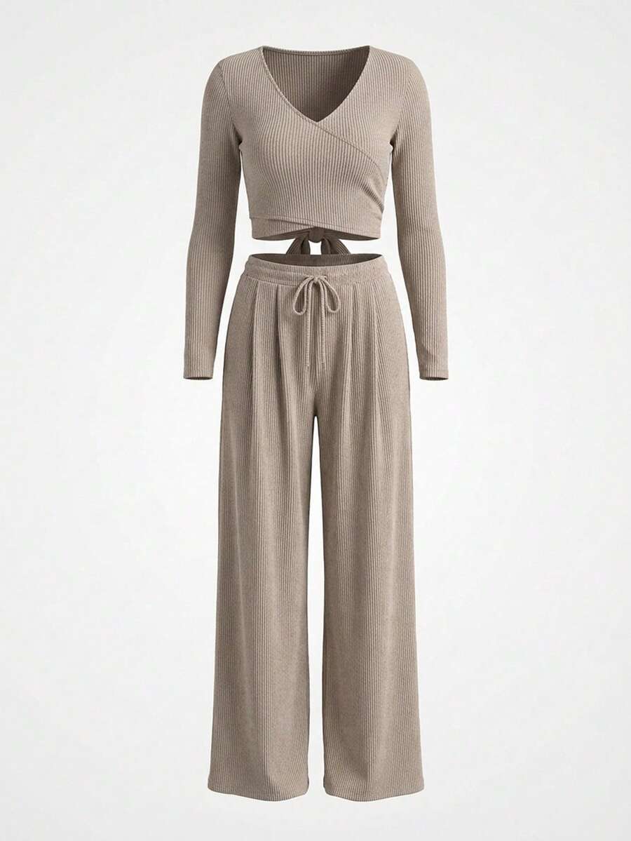 SHEIN Tall Khaki Casual Ribbed Long Sleeve T-Shirt And Pants Set Two Piece Set Women Comfy Comfortable Two Piece Set