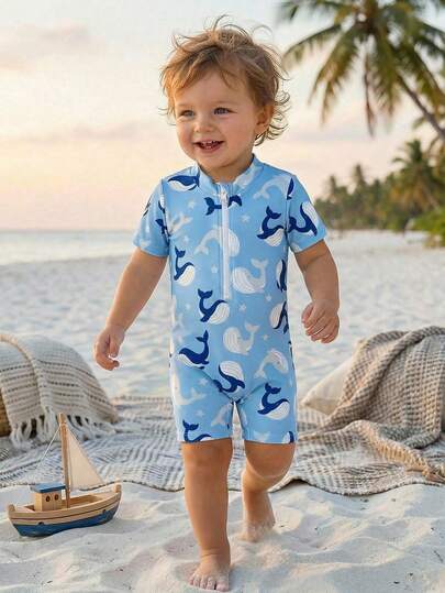 SHEIN Baby Boy Casual Cute Cartoon Whale Print Round Neck Short Sleeve Romper Swimsuit, Suitable For Summer, Ocean Blue