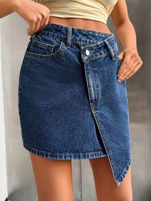 SHEIN High Waist Mini Anvelop Mini Denim Washed Blue Skirt - Medium Wash - View 6