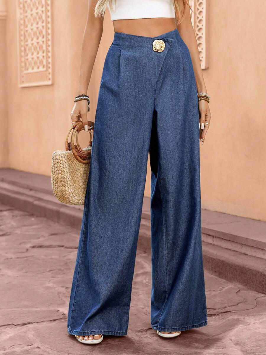 Selianne Quần jeans nữ cạp cao, họa tiết hoa 3D bằng kim loại, dáng rộng, thoải mái, ống rộng. - Rửa tối - Xem 1