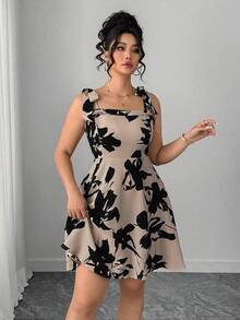 Elenzga Plus Size Women's Elegant Floral All-Over Print Spaghetti Strap Mini Dress,Beige Summer Formal Wedding Guest Vacation Casual Urban Lady Dress - Multicolor - View 3