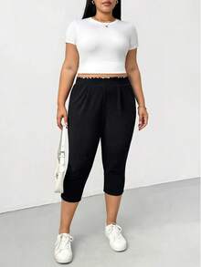 Shapeblank Plus-Size Women's Spring/Summer Fashionable Casual Stretch Comfortable Everyday Basic Versatile Slimming Black Capri Pants,Summer Outfits,Work Pants,Simple Style Plus Size Capri Pants Plus Size Capris For Women Plus Size Bottoms Plus Size Sweat Pants Leggings For Women Plus Size - Black - View 7