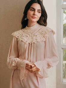 Anewsta 春夏新款粉色系中国风温柔优雅上衣，民族风新款设计，蕾丝云朵肩部和喇叭袖，宽松版型。 - 淺粉色 - 查看 5