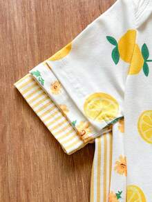SHEIN Vintaside Kids 女婴可爱印花圆领短袖连体衣，夏季 - 黃色 - 查看 5