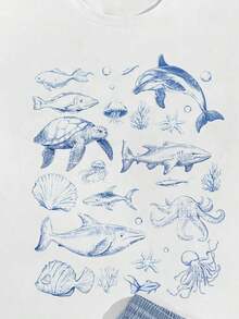 VIVINTIMO 男士修身针织上衣和梭织短裤套装，夏季清爽度假风海洋生物印花T恤套装 - 彩色 - 查看 2