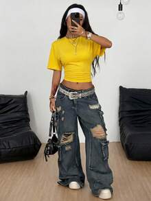 Coolane Women's Summer Minimalist Y2K Basic Daily Wear Casual Back To School Streetwear Stretchy White Loose Ruched Crop Tees - Yellow - View 2