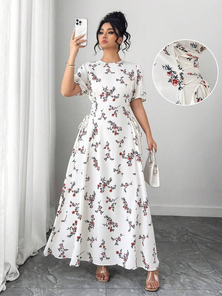 Elenzga 女士优雅圆领短袖收腰印花连衣裙 - 白色 - 查看 1