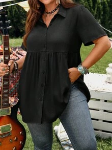 EMERY ROSE Short Sleeve Blue Button-Up Shirt, Casual Vacation Shirt With Longer Back, Plus Size, Suitable For Spring & Summer - Black - View 7