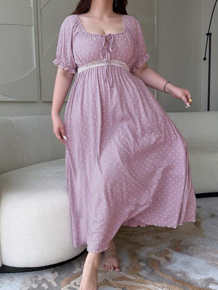 Dazy Plus Elegant Ditsy Floral Scoop Neck Tie-Up Contrast Lace Cinched Waist Long Nightgown With Short Sleeves