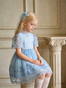 SHEIN Elladie kids 女童立领短袖刺绣花卉优雅夏季连衣裙 - 藍色 - 查看 8