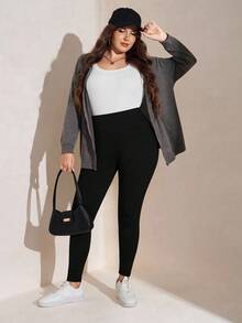 SHEIN LUNE Plus Size Fashionable Commuter Shiny Print Leggings, Winter Cozy Fall And Winter Christmas New Year Thanksgiving Party Elegant Leggings For Women - Black - View 8