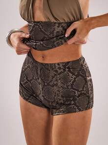 SHEIN BAE Schlangenhaut-Muster Tief Taille Super Kurze Shorts, Braun Kariert, Sommer, Sexy Chic, Nachtausgang, Festival, Musik Tanz Party Clubwear - Khaki - Übersicht 8