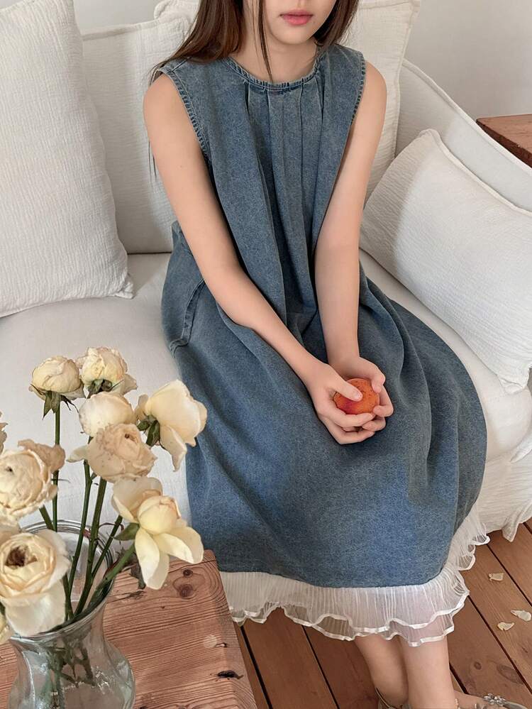 Tween Girl' Round Neck Sleeveless Denim Dress For Fall