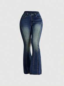Sweetra Quần jeans ống loe dáng ôm, đính đinh tán, phong cách thường ngày. - Rửa tối - Xem 3