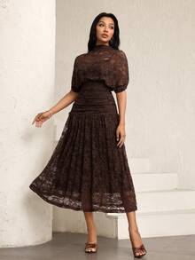 Modelyn New Boat Neck Fitted Sexy Hollow-Out Ruffle Waist Sleeveless Mid-Length Dress - Coffee Brown - View 4