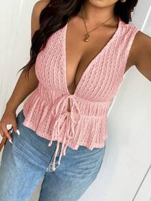 SHEIN Frenchy Plus Size Summer Minimalist Solid Color Textured Front Tie Ruched Tank Top - Pink - View 1