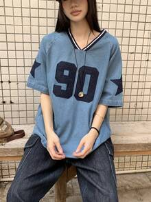 DAZY 女士圆领五角星字母街头风韩版短袖牛仔上衣 夏季 - 藍色 - 查看 5